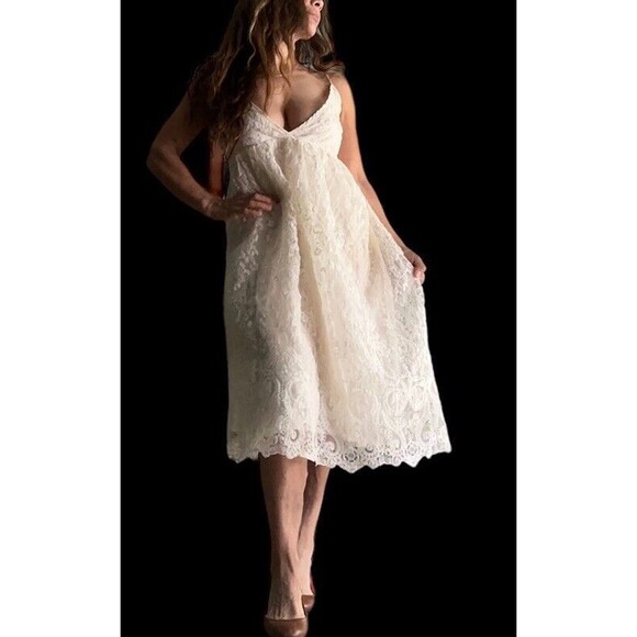 Lagenlook Dresses & Skirts - WY Studio ‎ cottage Midi Dress  L  Vintage Beige Crochet Lace Lagenlook Vintage